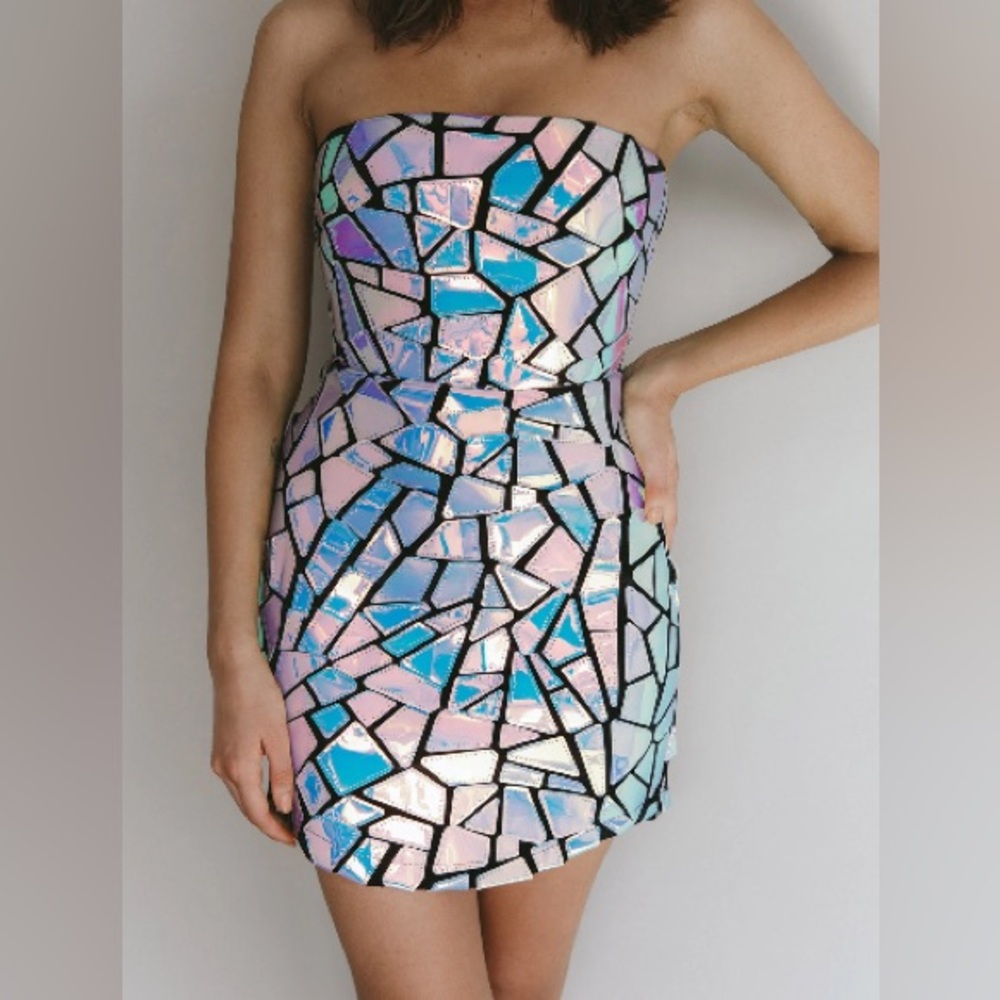 Selfie Leslie Strapless Iridescent Mosaic Mini Dress - Pink & Blue